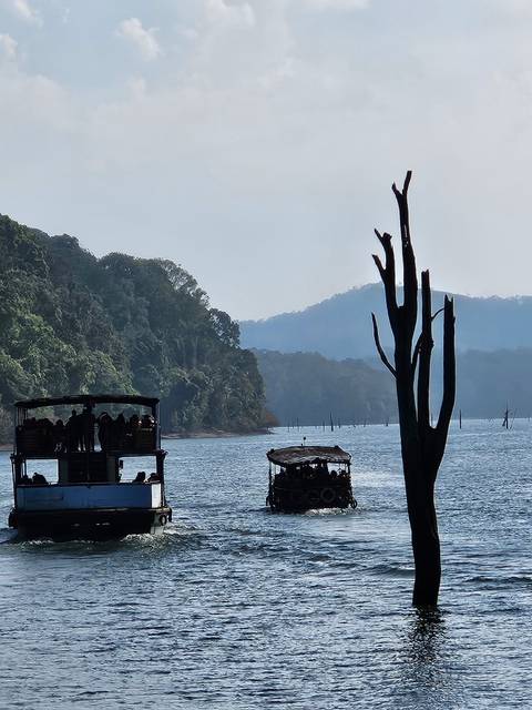       Sightseeing boats full of passengers glide on a forested lake with misty hills in the background.
  