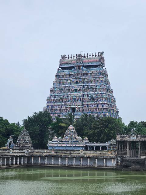      Vibrantly painted Sri Ranganathaswamy Temple gopuram soars above treetops under a pale sky.
  