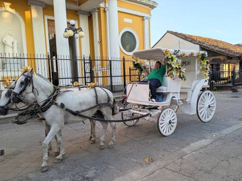       Horse-drawn white carriage decorated with flowers passing a yellow cathedral facade.
  