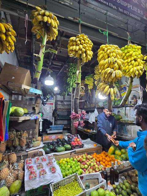       Local fruit stall overflowing with hanging banana bunches while two men negotiate a purchase.
  