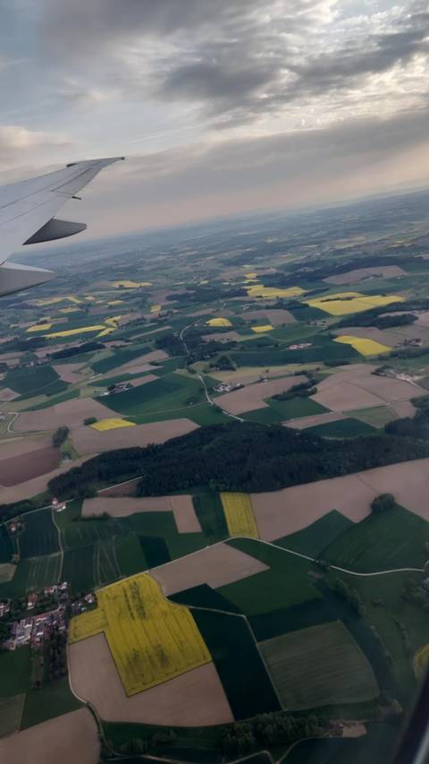       View from airplane window of patchwork farmland fields and forests below a cloudy sky.
  