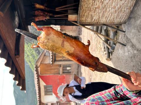       A roasted guinea pig skewered on a stick is held up in a rural Andean village setting.
  