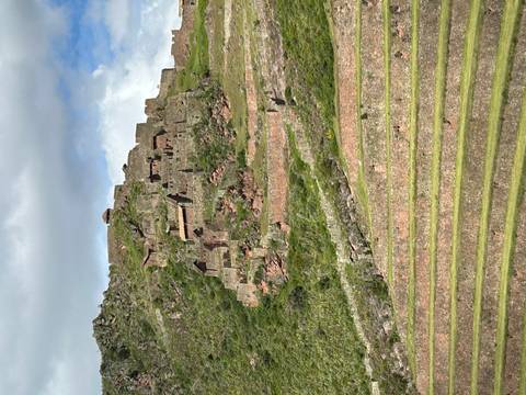       Ancient agricultural terraces climb a green hillside towards the stone ruins of Pisac under a cloudy sky.
  