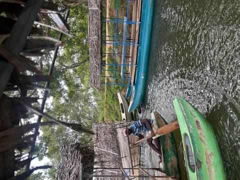       Local man paddles a small green canoe past moored boats on a calm river
  