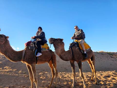       Two travelers ride camels across a sandy desert landscape under a bright blue sky.
  