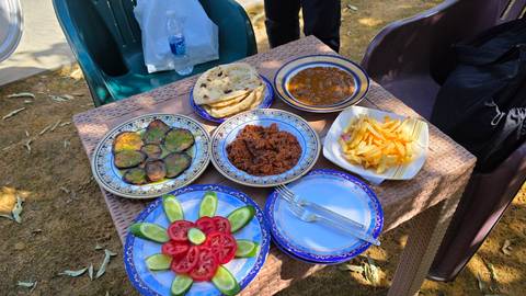       Outdoor table spread with colourful Egyptian dishes including bread, stewed meat, eggplant and salad
  