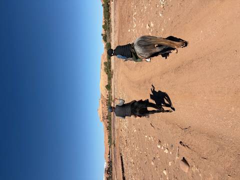       Two riders on horseback follow a dusty track toward a desert kasbah.
  