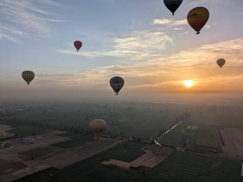       Colorful hot-air balloons drift over green fields and the Nile Valley at sunrise, golden sun illuminating the haze.
  