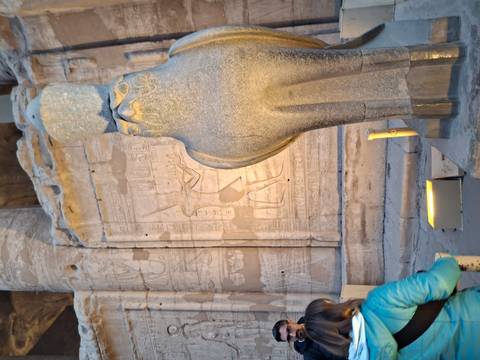       Stone falcon statue of Horus illuminated at dusk inside an Egyptian temple with carved wall reliefs behind.
  