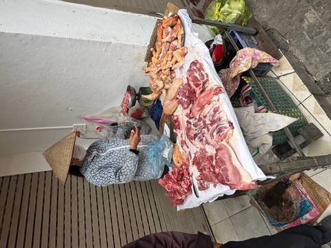       Vendor in conical hat selling assorted fresh meat on a small outdoor table.
  
