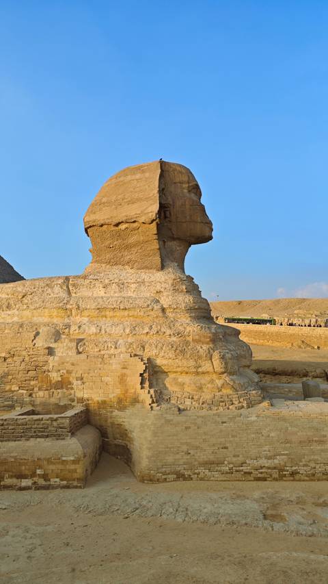       Classic close-up view of the Great Sphinx’s head and weathered limestone body against a cloudless sky.
  