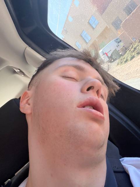       Close view of a person sleeping against a car window during daylight travel.
  