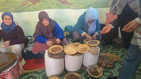       Local women crack and sort nuts for argan oil inside a small cooperative, seated beside woven baskets.
  