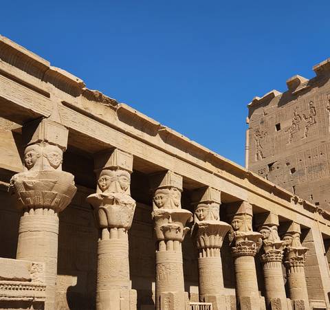       Row of ancient sandstone columns topped with Hathor-headed capitals against a deep blue sky.
  