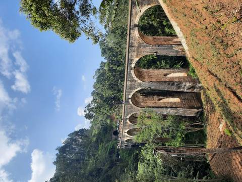       Historic Nine Arches Bridge stretches through lush jungle with tourists walking atop
  