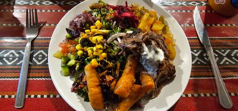       Colorful Middle Eastern plate featuring salads, roasted vegetables, shredded meat, and yogurt sauce on a patterned tablecloth.
  