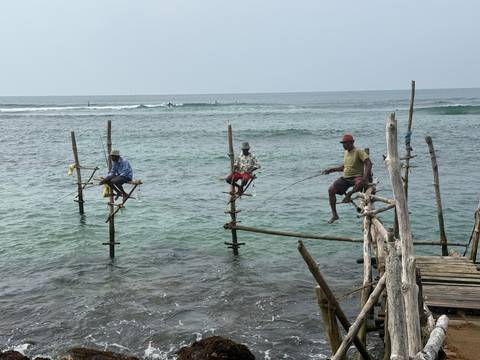       Traditional stilt fishermen balanced above turquoise ocean waters casting lines.
  