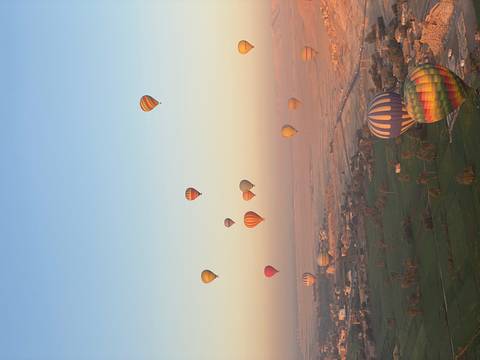       Dozens of colorful hot-air balloons drift above verdant fields at sunrise over Luxor.
  
