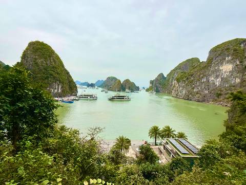       View of emerald waters and cruise boats sailing between towering limestone karsts in Ha Long Bay.
  