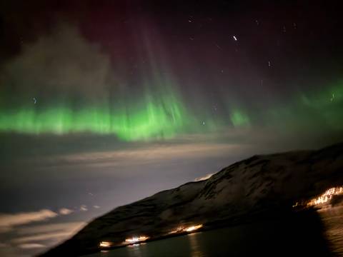       Blurry image of green aurora streaks above a snowy mountain slope at night.
  