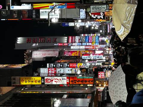      Crowded Tokyo street at night filled with umbrellas and towering neon signboards.
  