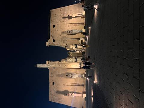       Night view along the illuminated avenue of ram-headed sphinxes and towering statues at Luxor Temple with visitors walking toward the entrance pylon.
  