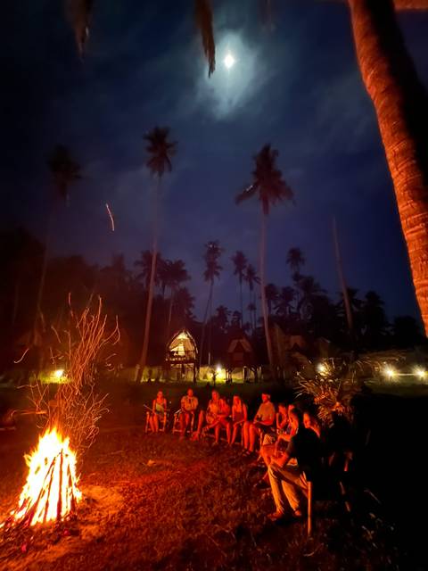       Night scene of beach huts and towering palm trees lit by a campfire with sparks flying.
  