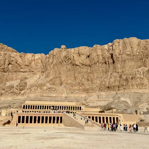       Terraced Temple of Hatshepsut nestles against towering sheer desert cliffs under blue sky
  