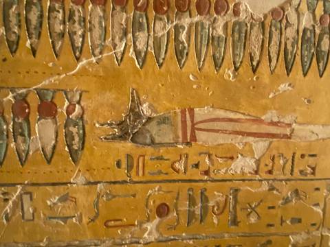       Close-up of detailed colorful ancient Egyptian wall painting depicting a jackal-headed figure and hieroglyphs.
  