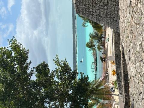       View through foliage to a bright turquoise lagoon with a small boat and jetty below.
  