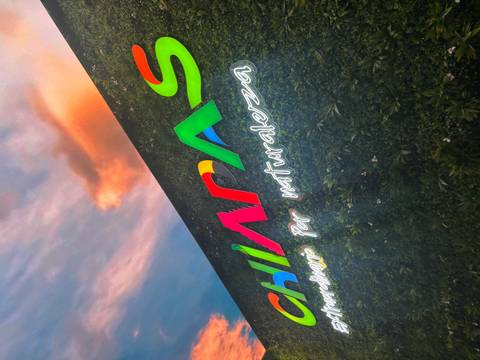       Brightly lit display wall with the multicoloured word 'Chiapas' against a leafy backdrop at dusk.
  