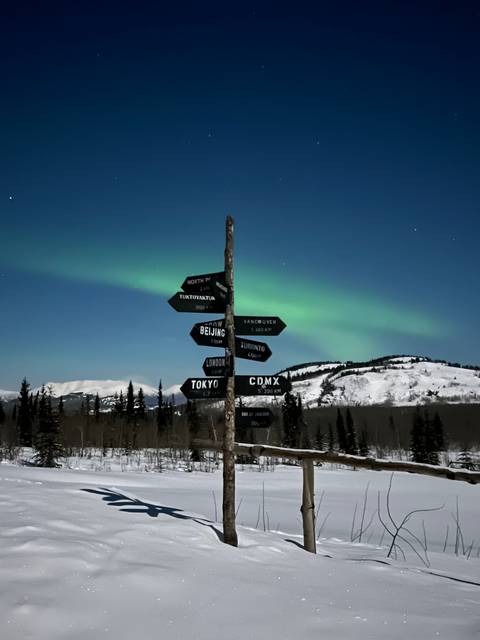       Nighttime aurora borealis glows behind a rustic signpost pointing to world cities in a snowy landscape
  