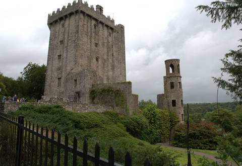       Stone medieval castle tower and ruins surrounded by greenery under an overcast sky with a few visitors nearby.
  