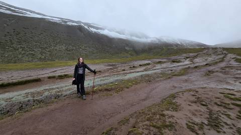       A lone hiker with a trekking pole stands on a misty Andean mountain trail with patches of snow on the slopes around.
  
