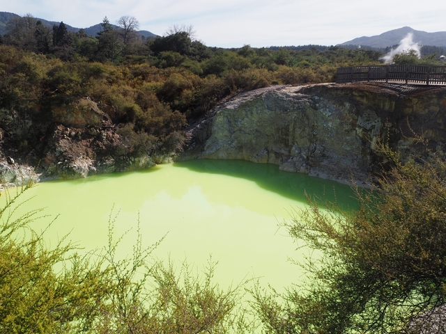 A bright green geothermal pool surrounded by rocky terrain.