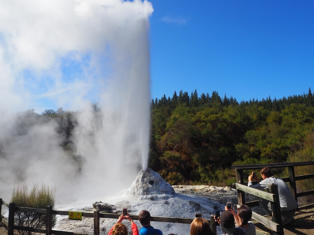 A geyser erupting with steam and water spray in the air.