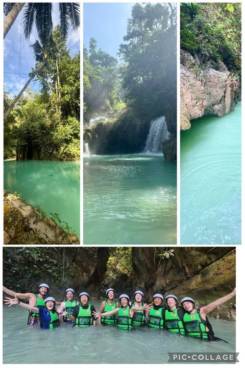       Collage of turquoise waterfall pools and jungle creek with bright aqua water.
  