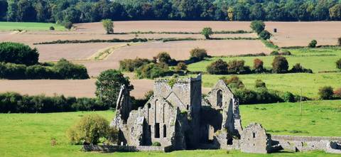       Ruined medieval abbey standing in patchwork farm fields under late-summer light.
  