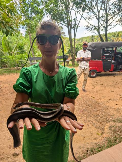       Woman wearing green top carefully holds a small snake while another person watches near a tuk-tuk.
  
