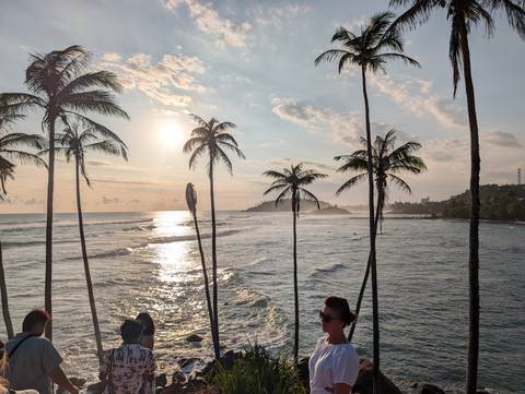       Tropical seaside view at sunset with tall palm trees, gentle waves and two travellers admiring the scene
  