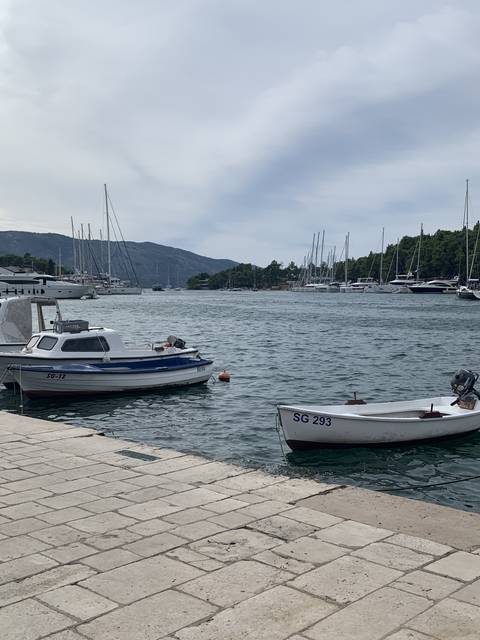 Boats anchored along a harbor with a mountainous backdrop.