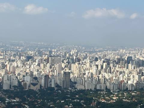       Expansive skyline of São Paulo filled with dense high-rise buildings under a hazy sky.
  