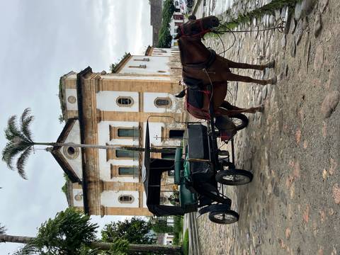       Horse-drawn carriage parked on cobblestone square in front of a colonial church in Paraty.
  