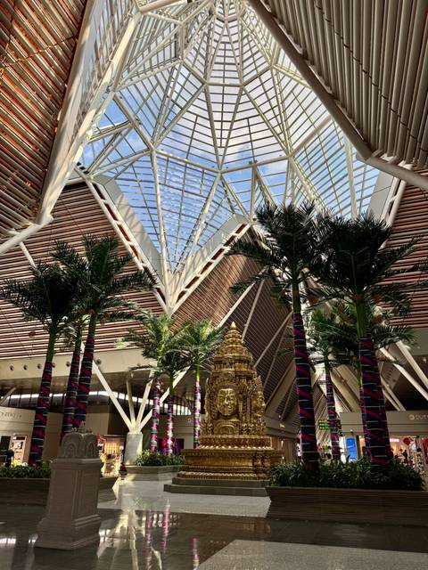       Modern airport interior with high triangular glass roof and indoor palm trees.
  