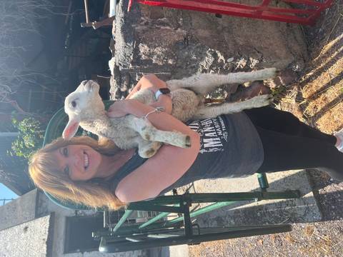       Smiling visitor holds a young lamb outside a rustic Irish farm building.
  