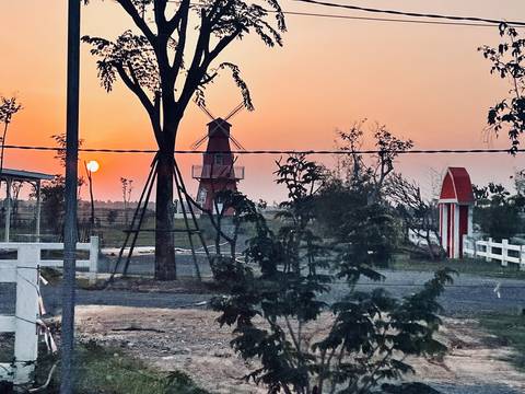       Rural sunset scene with orange sun setting behind a small windmill and scattered trees.
  