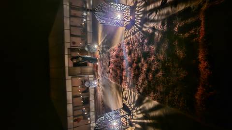       Night shot of lantern-lit carpeted pathway leading to luxury desert tent, motion blur present.
  