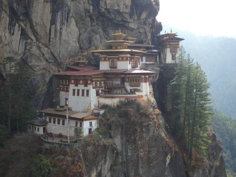       Iconic Tiger's Nest Monastery clinging to a vertical cliff face amid pine forest
  