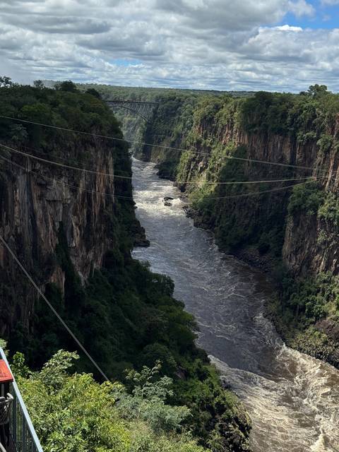       A fast-moving river winds through a steep, lush gorge with zip-line cables strung high above the water.
  