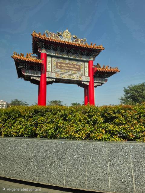       Colorful Chinese gate with Thai text rising above a trimmed hedge against a clear blue sky
  